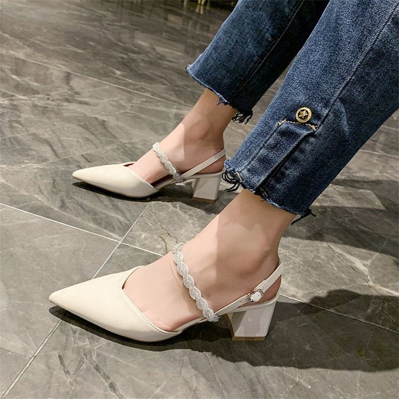 kamames sandals women's summer high heels 2022 new pointed toe back straps rhinestone fairy wind thick heel shoes women