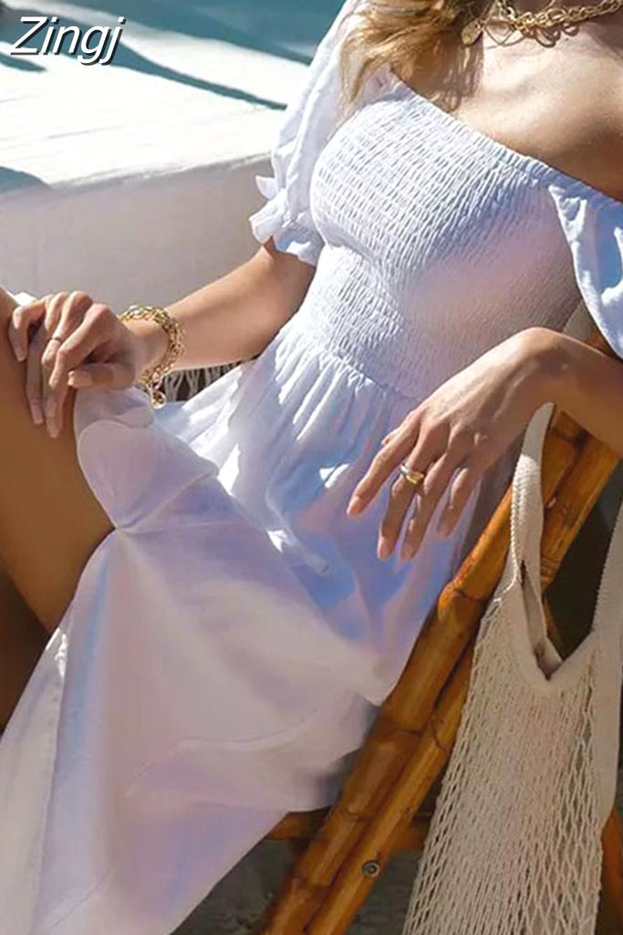 kamames Dress Women Puff Short Sleeve Solid Pink Slash Neck Split Sexy Long Dress Casual Elegant Beach Vestidos Robe