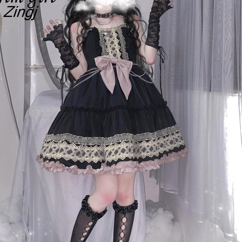 kamames Gothic Black Sling Dress Women Japanese Kawaii Bow A-line Lolita Mini Dress Summer Sweet Sleeveless Punk Party Vestidos