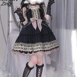 kamames Gothic Black Sling Dress Women Japanese Kawaii Bow A-line Lolita Mini Dress Summer Sweet Sleeveless Punk Party Vestidos