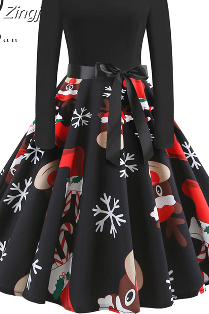 kamames Print Vintage Women New Spring Elegant Party Long Sleeve Casual Black Patchwork Midi Dress