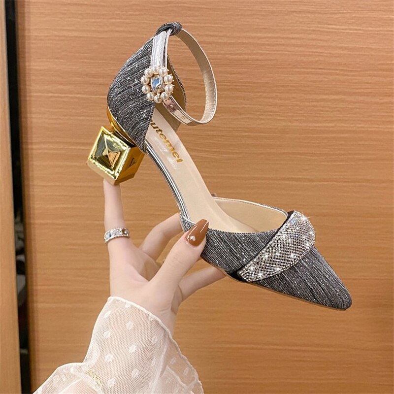 kamames heels women's 2022summer new fashion pointed toe rhinestone hollow stiletto shoes one word buckle sandals designer sandals