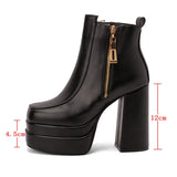 kamames Fashion Women Boots Double Platform Chunky High Heel Ankle Boots Square Toe Zipper Punk Boots Autumn Winter Lady Shoes