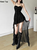 kamames Sexy Y2K Irregular Ruffle Dress Women Chic Korean White Black Sleeveless Party Club Long Dresses Female Clothes