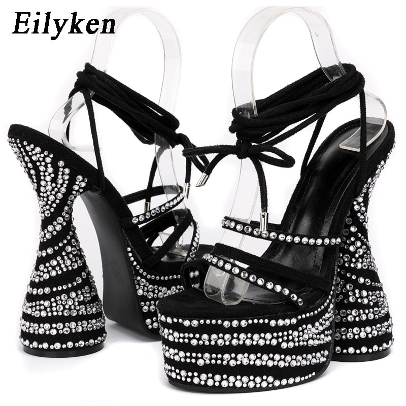 kamames Fashion Crystal Rhinestone Platform Sandals For Woman Summer Strange High Heels Ankle Strap Nighclub Party Shoes