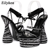 kamames Fashion Crystal Rhinestone Platform Sandals For Woman Summer Strange High Heels Ankle Strap Nighclub Party Shoes