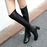 kamames Fashion Knee High Boots Women's Winter Boots Thick High Heel Stretc Long Boots Slip On Autumn Shoes Woman Black White