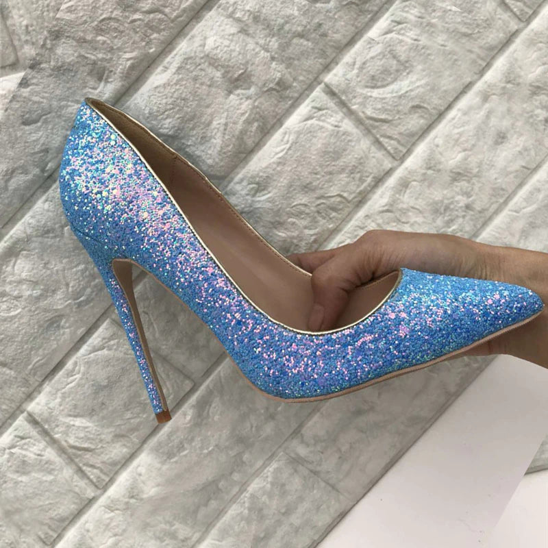 kamames Glitter Shiny Shoes Woman Pointed Toe High Heel Stilettos 12 cm Women Pumps LF003 ROVICIYA