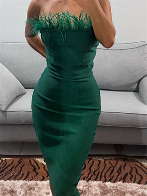 kamames Fur Feather Patchwork Sexy Women Knee Length Dress 2023 Strapless Off Shoulder Party Elegant OL Pencil Dress Vestidos