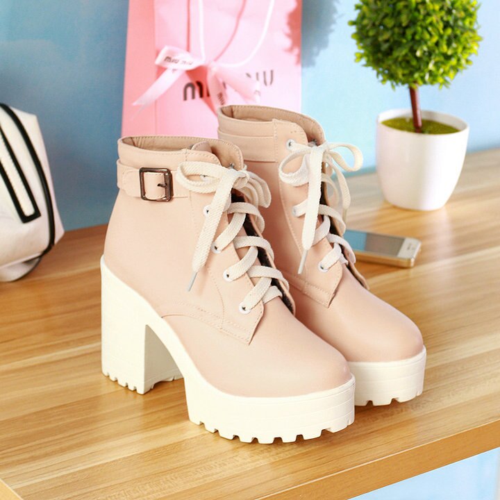 kamames Autumn Fashion Women Boots Square High Heels Platform Buckle Lace Up Pu Short Booties Winter Ladies Shoes 2021 White