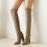 kamames Faux Suede Knee High Boots Winter Women Boots Square High Heel Long Boots Slip On Pointed Toe Fashion Woman's Boots Shoes