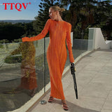 kamames Fashion Orange Women'S Dress 2022 Bodycon O-Neck Long Sleeve Maxi Dress Ladies Elegant Slim Classic Pleated Party Dresses