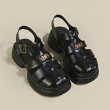 kamames Roman Sandals Women's Summer Thick Soles And High Heels Hollowed-Out Black Leather Shoes Mary Jane Love Shoes Single Shoes