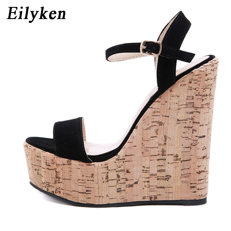 kamames Fashion Open Toe Platform Wedges Women Sandals Summer Ankle Buckle Strap High Heels Black Roman Leisure Shoes
