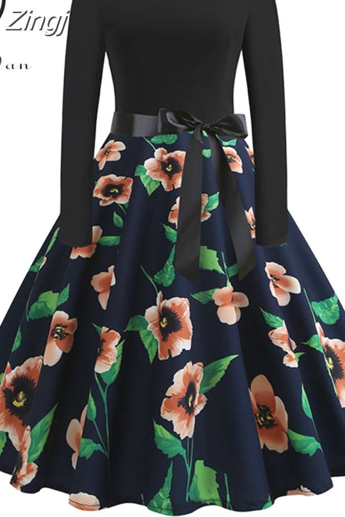 kamames Print Vintage Women New Spring Elegant Party Long Sleeve Casual Black Patchwork Midi Dress