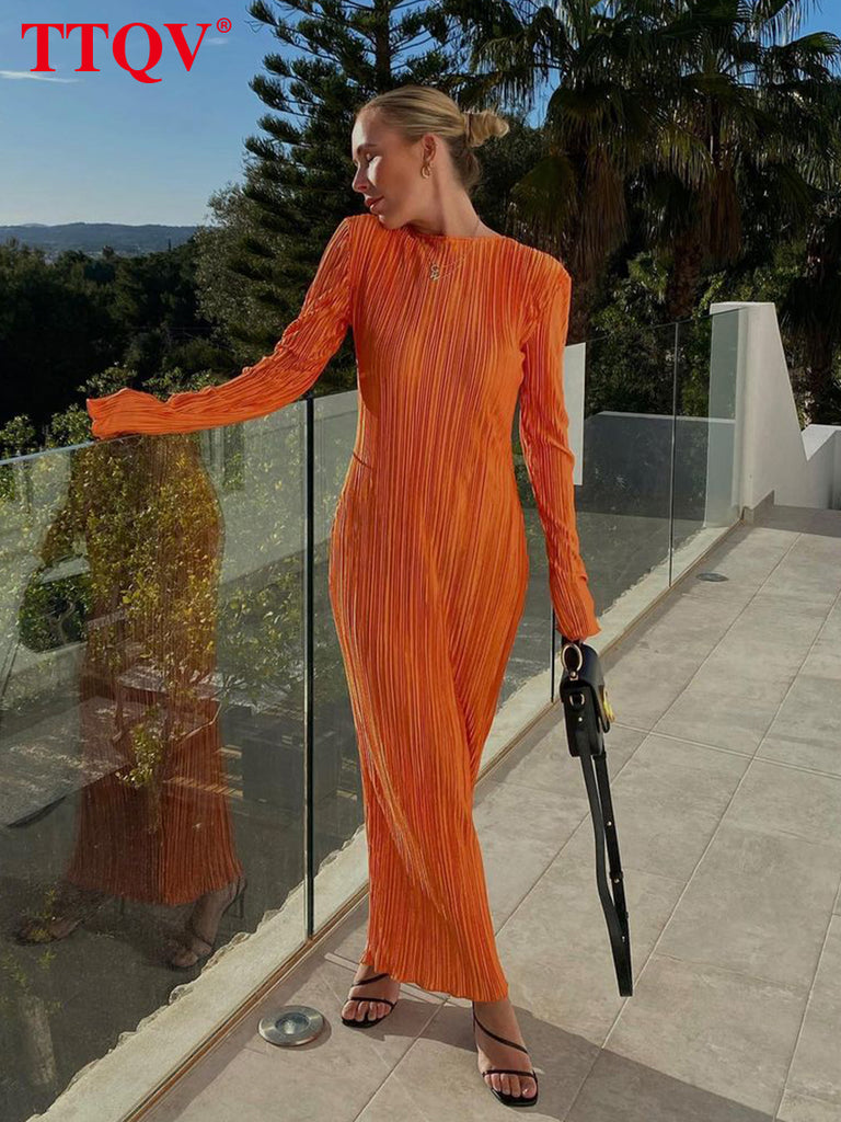 kamames Fashion Orange Women'S Dress 2022 Bodycon O-Neck Long Sleeve Maxi Dress Ladies Elegant Slim Classic Pleated Party Dresses