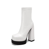 kamames Fashion Stretch Platform Women Ankle Boots Square High Heel Punk Boots Slip On Autumn Winter Female Shoes Plus Size 42 43