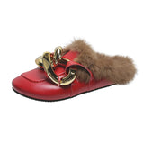 kamames Real Fur Metal Chain Mules Women Shoes Loafers Round Toe Casual Shoes Women Furry Slides Fluffy Hairy Flip Flops