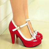 kamames Sgesvier Princess Lolita Mary Jane Shoes Woman High Heels Red White Bowtie Ladies Summer Spike Heel Pumps Party Summer B212