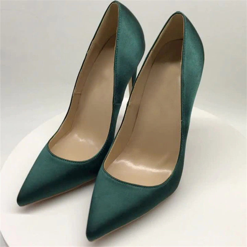 kamames Green Silk Sexy Mature Woman Pumps Women Classics 12cm High Heel Pointed Toe Wedding Shoes BM003 ROVICIYA