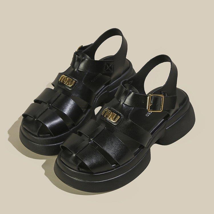 kamames Roman Sandals Women's Summer Thick Soles And High Heels Hollowed-Out Black Leather Shoes Mary Jane Love Shoes Single Shoes