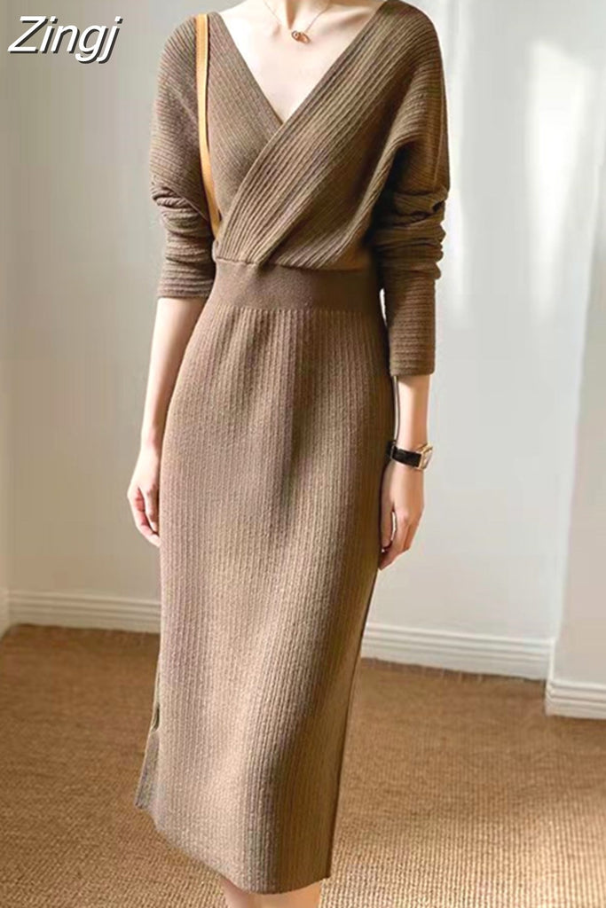kamames French Casual V-Neck Solid Sweater Knitting Long Sleeve Dress Women Backless Knit Dress Korean Clothing Robe Autumn 2023
