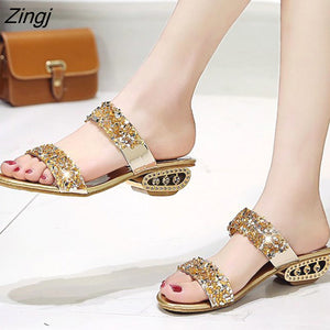 kamames Sequin Slippers Women Summer Luxury Golden Square Heel Party Shoes Slides Woman Open Toe Med Heels Beach Shoes