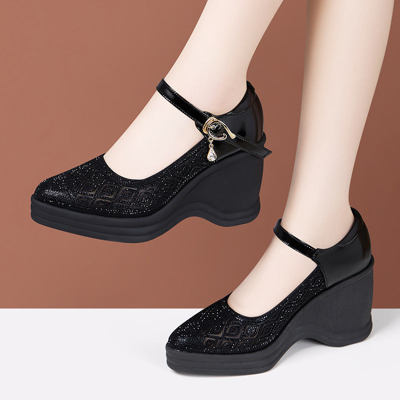 kamames Heel Water Drill Sandals 2024 Summer New Soft-Soled High-Heeled Thick-Soled Waterproof Platform One-Word Buckle Comfortable Hollowed-Out Single Shoes