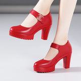 kamames Cowhide Cheongsam Model Catwalk High Heels Women's Non-Slip Round Head Thick-Soled Waterproof Platform Professional Work Shoes Women's Singles Shoes