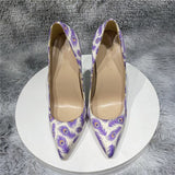 kamames printing green 12cm pumps stiletto pointed toe sexy shoes party nightclub women shoes 8cm 10cm high heel purple BM039