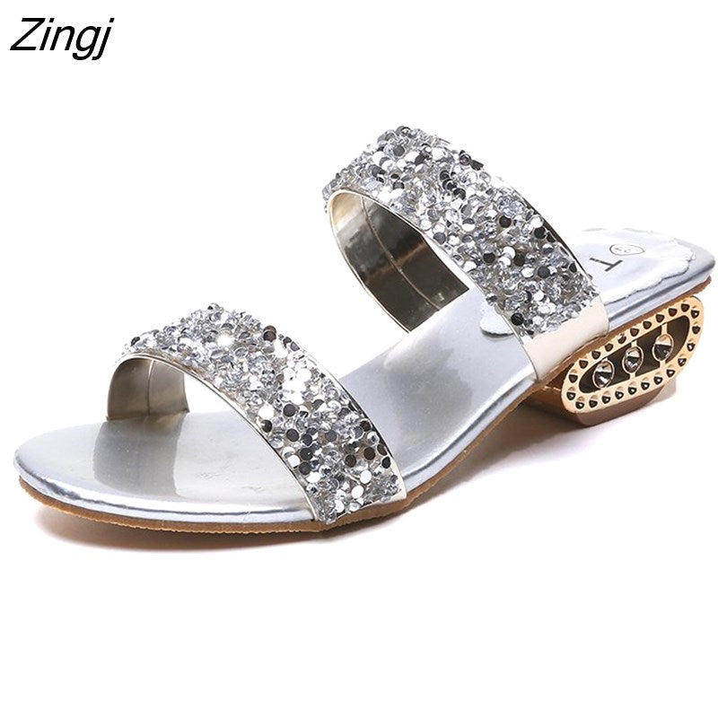 kamames Sequin Slippers Women Summer Luxury Golden Square Heel Party Shoes Slides Woman Open Toe Med Heels Beach Shoes