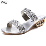kamames Sequin Slippers Women Summer Luxury Golden Square Heel Party Shoes Slides Woman Open Toe Med Heels Beach Shoes
