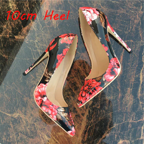 kamames red black flower pointed toe new ladies high-heeled shoes women's shoes 12cm extreme high heel QP061 ROVICIYA