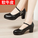 kamames Heels, Thick Heels, Walking Shoes, Women's Leather Waterproof Table, Round Head Cheongsam Show Shoes, Black Professional Work Shoes.