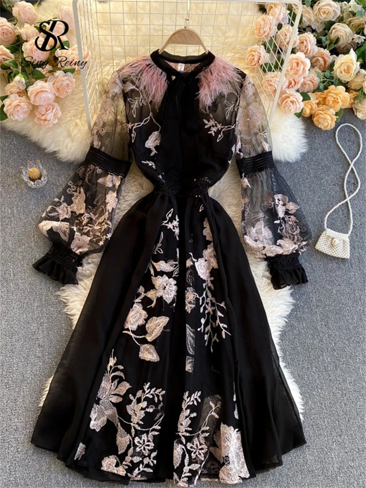 kamames High Quality Elegant Party Dress Women Korean Design Long Sleeve A-line Dress 2023 Spring Mesh Embroidery Flower Dress
