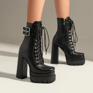 kamames Platform Women Punk Boots Square Toe Super High Heel Ankle Boots Lace Up Zipper Motorcycle Boots Autumn Winter Lady Shoes