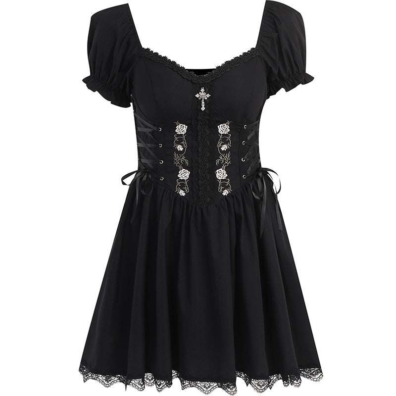 kamames Cross Print Strap Shoulder Lace Spliced Dress Dark Sexy Slim Princess Dress