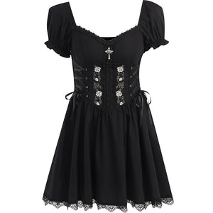 kamames Cross Print Strap Shoulder Lace Spliced Dress Dark Sexy Slim Princess Dress