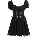 kamames Cross Print Strap Shoulder Lace Spliced Dress Dark Sexy Slim Princess Dress