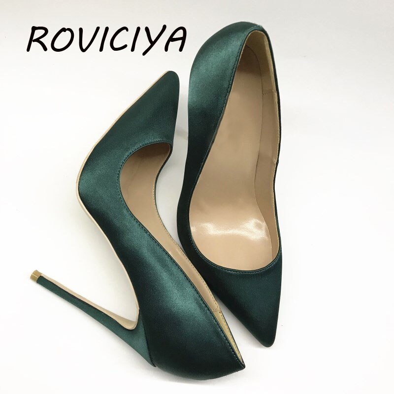 kamames Green Silk Sexy Mature Woman Pumps Women Classics 12cm High Heel Pointed Toe Wedding Shoes BM003 ROVICIYA