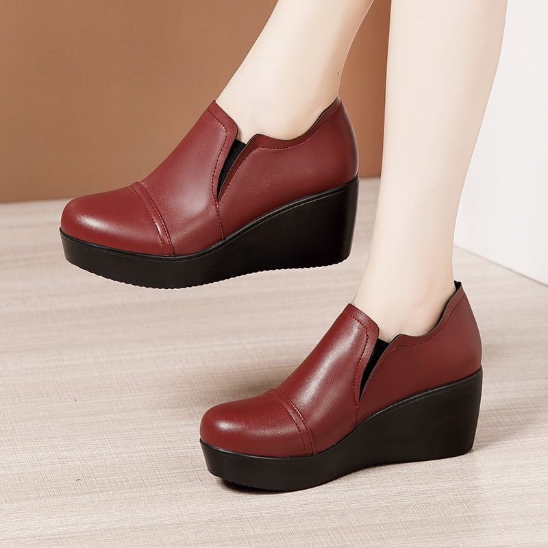 kamames Heel Middle Heel Deep Mouth Single Shoes 2023 Autumn And Winter New Muffin Bottom Thick Bottom Waterproof Table Round Head Large Size Mother Shoes