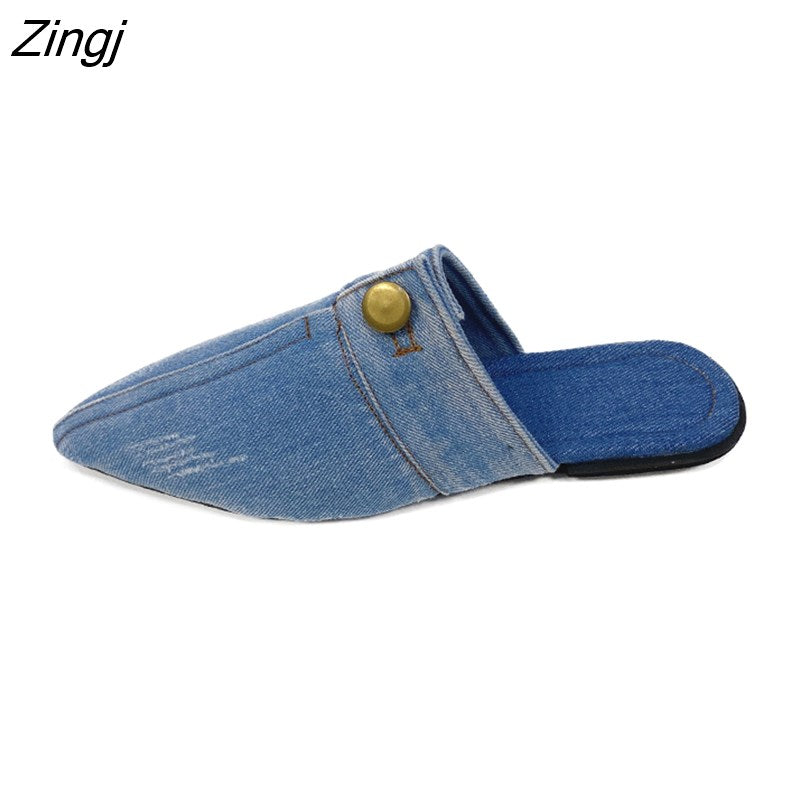 kamames Design Slippers 2023 Spring New Pointed Deep Mouth Thick High-heeled Denim Outer Wear Baotou Slippers Shoes for Women