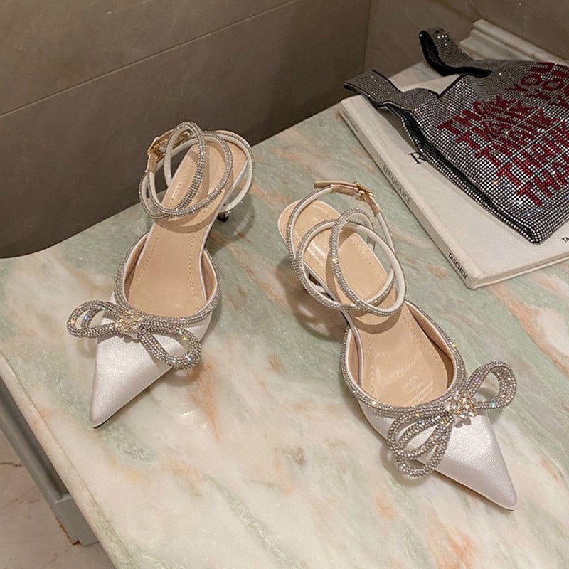 kamames Sandals 2024 Spring Style Ladies Diamond Bow Tie Women's Shoes Thin Heel Baotou French Style