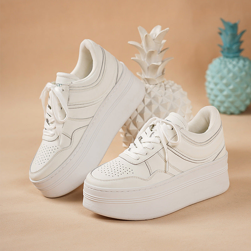 kamames Cowhide Small White Shoes Women's Leather Strapped Thick-Soled Muffin Shoes Fashion Leisure Shoes Breathable Anti-Skid Shoes White Shoes