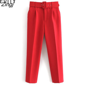 kamames Sale New Women candy color pants red pink color chic sashes business Trousers female fake zipper pantalones mujer pants P953