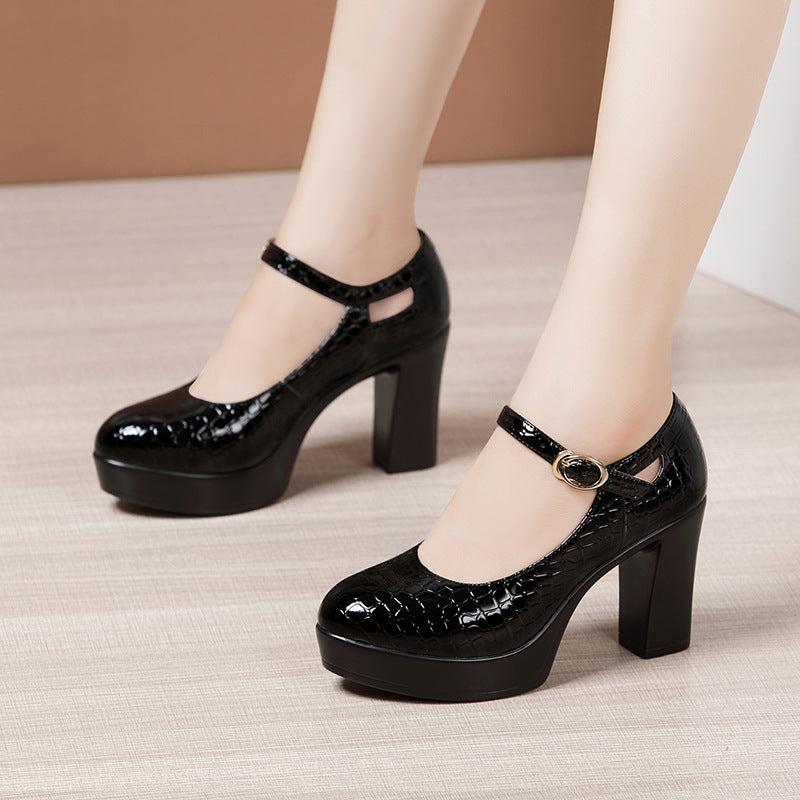 kamames Round-Headed Cheongsam Model Training Walking Shoes Female Crocodile Skin Thick-Soled Waterproof Platform Large-Size Work Shoes