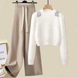 kamames Fall Winter Knitwear Two Piece Sets For Women Outfits Ladies Elegant Diamond Sequined Knitted Sweater And Warm Pants Sets