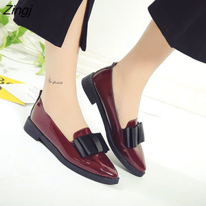kamames Flats Women Shoes Bowtie Loafers Patent Leather Women's Low Heels Slip On Footwear Female Pointed Toe Thick Heel