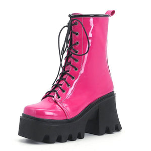 kamames Platform Ankle Boots Fashion Patent Leather Women Chunky High Heel Goth Boots Autumn Winter Lacing Woman Shoes Size 42 43