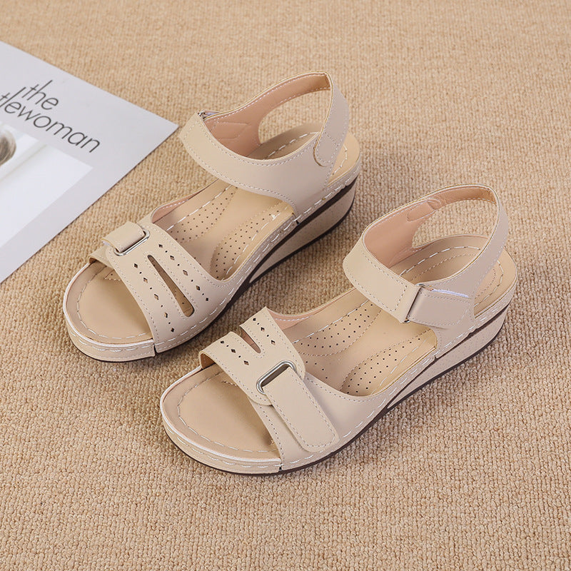 kamames Summer New Retro Women's Shoes Sandals Car Line Hole Shoes Large Size Round Head Slope Heel Comfortable Sandals Women